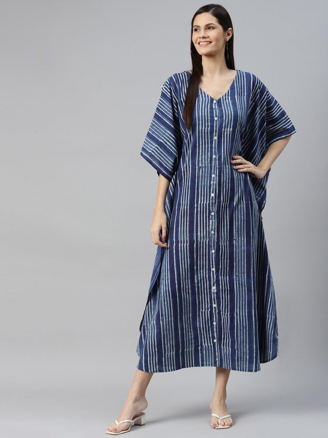  Blue Hand Block Printed Striped Kaftan Dress -  world