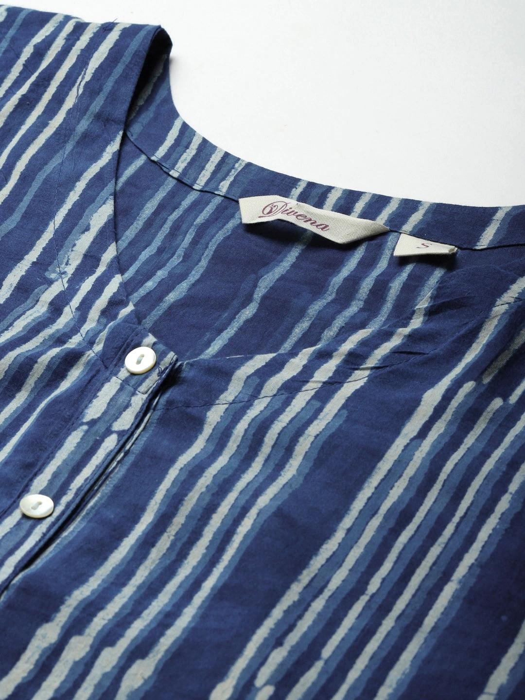  Blue Hand Block Printed Striped Kaftan Dress -  world