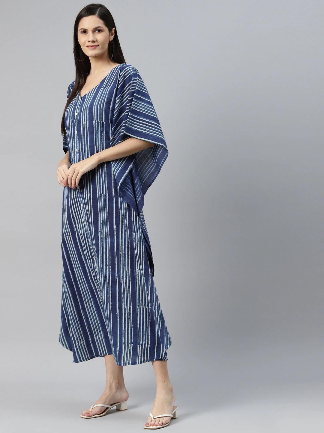  Blue Hand Block Printed Striped Kaftan Dress -  world