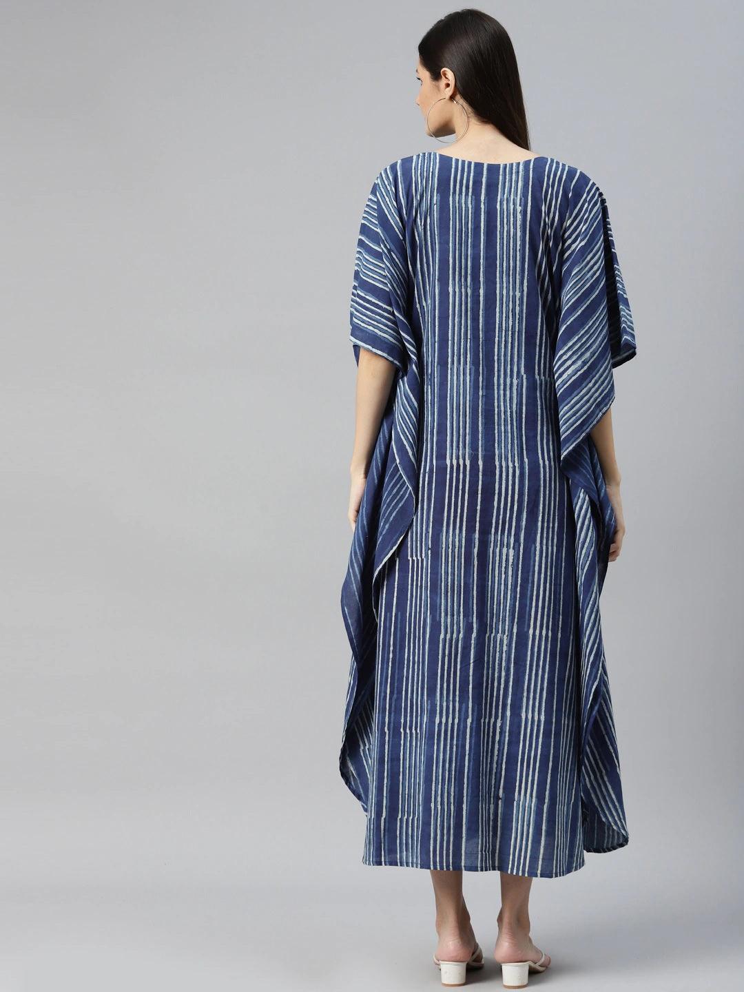  Blue Hand Block Printed Striped Kaftan Dress -  world