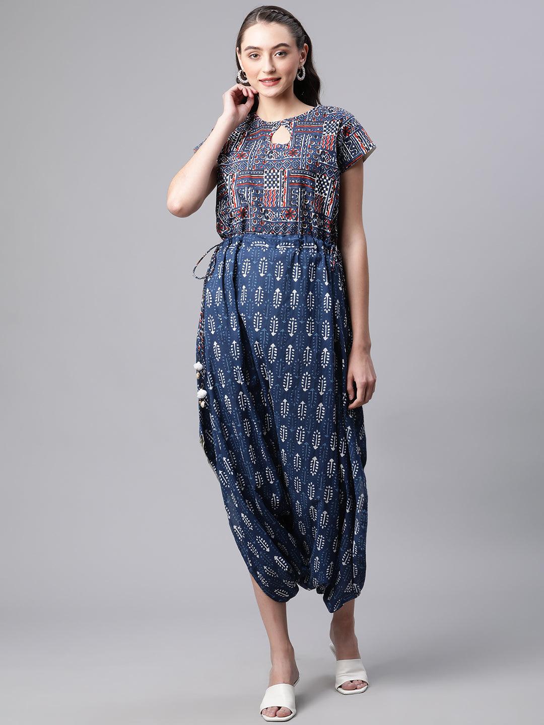  Indigo Hand Block Dhoti Style Cotton Jumpsuit -  world