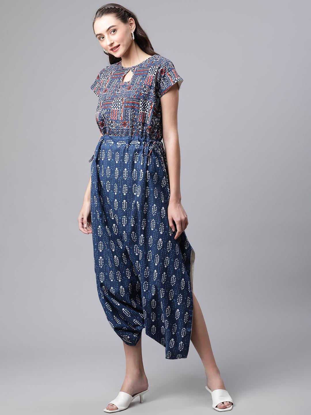  Indigo Hand Block Dhoti Style Cotton Jumpsuit -  world