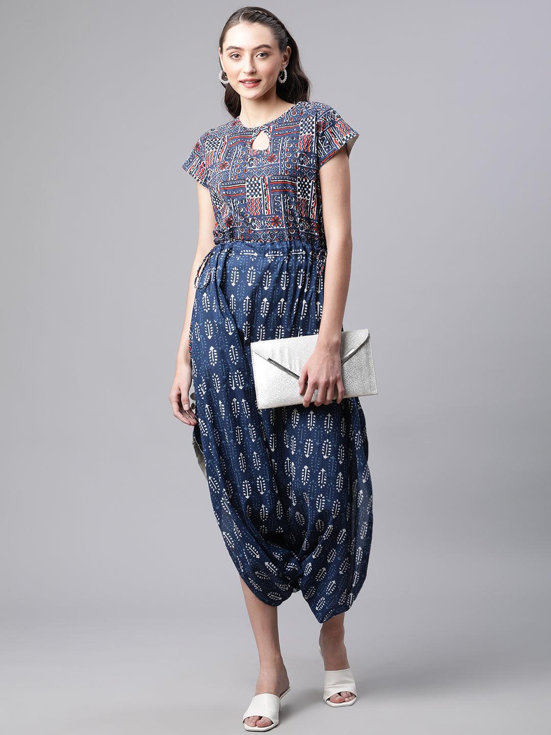  Indigo Hand Block Dhoti Style Cotton Jumpsuit -  world