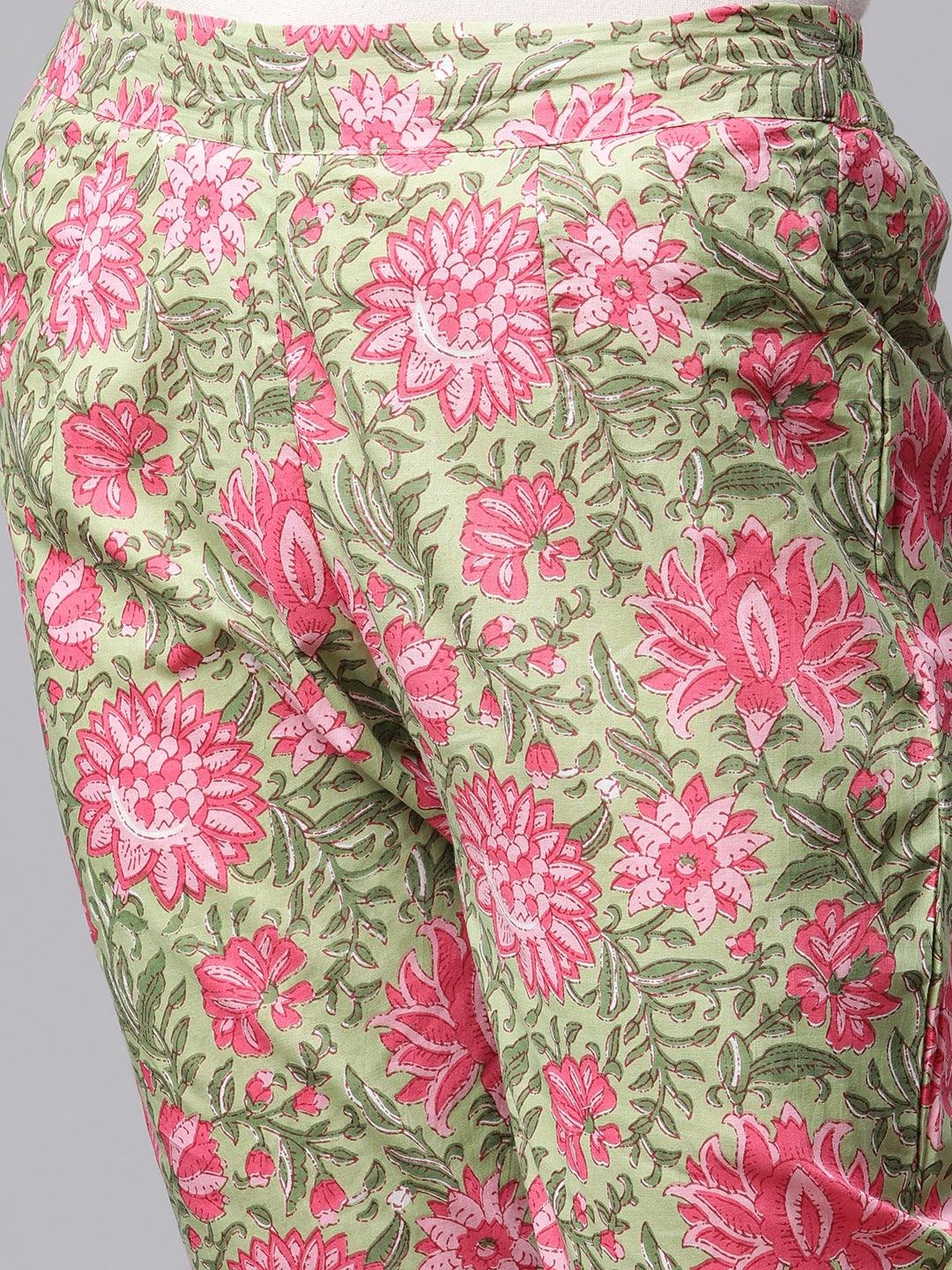  Green Floral Printed Anarkali Kurta Pant Set with Dupatta - world.com