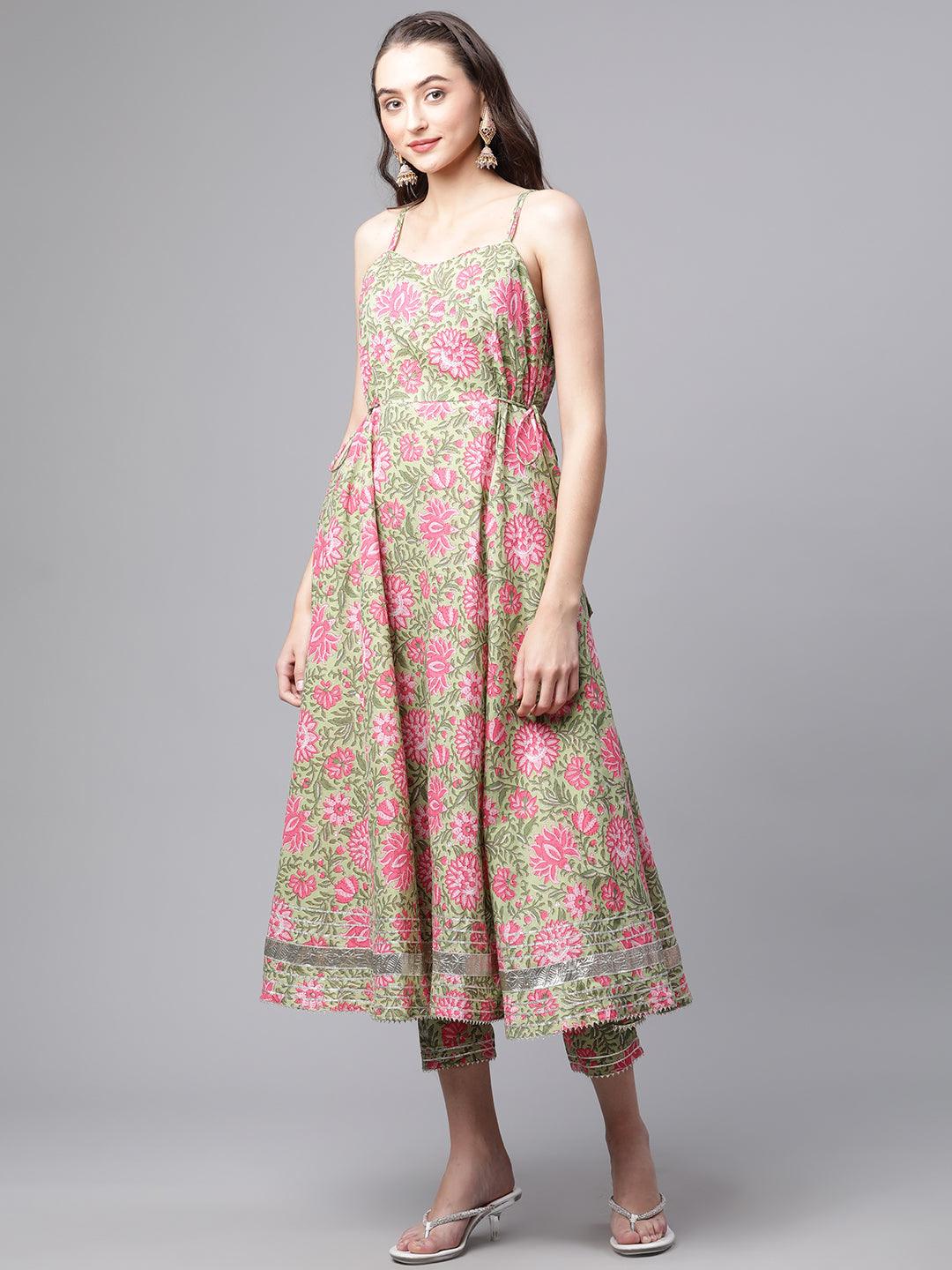  Green Floral Printed Anarkali Kurta Pant Set with Dupatta - world.com