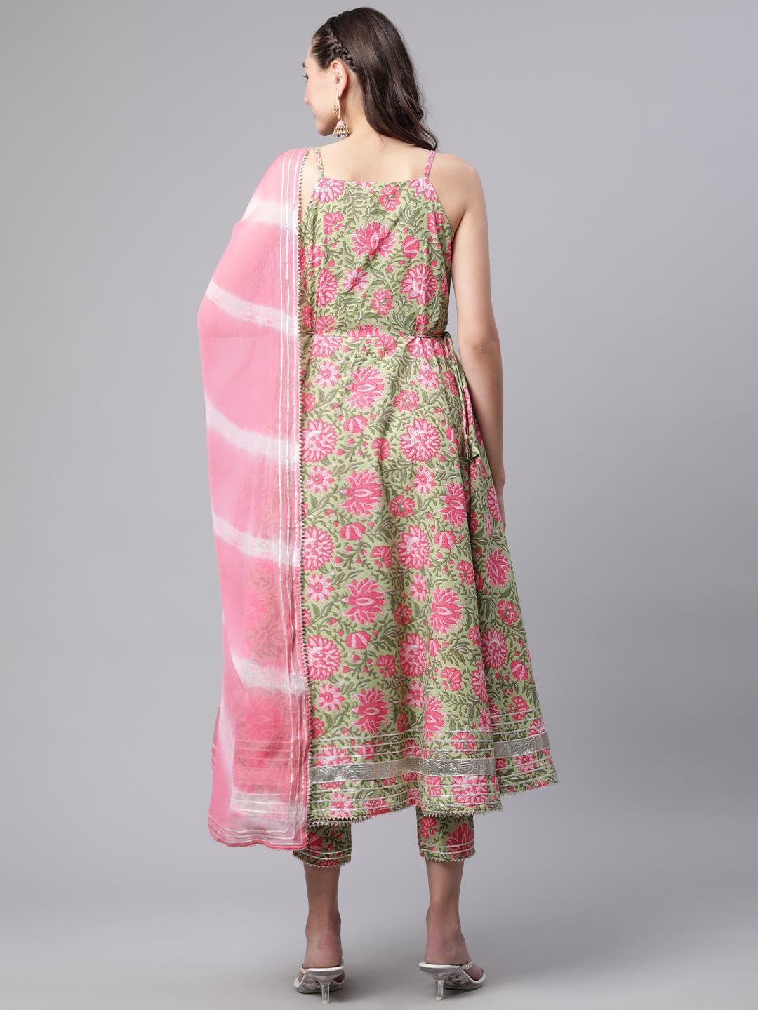  Green Floral Printed Anarkali Kurta Pant Set with Dupatta - world.com