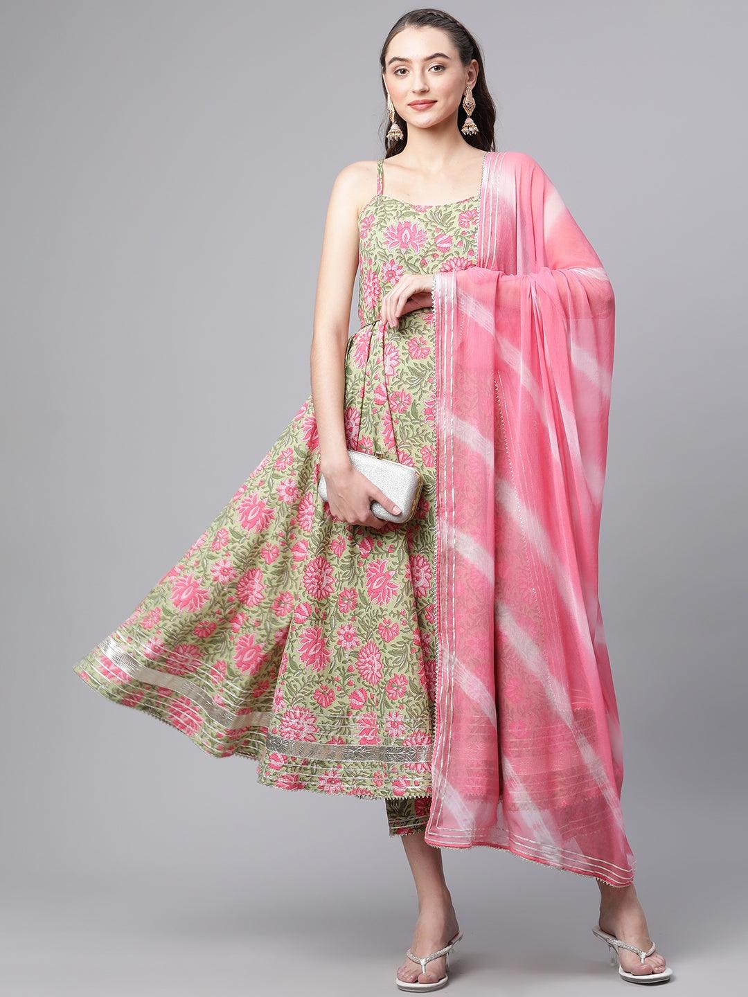  Green Floral Printed Anarkali Kurta Pant Set with Dupatta - world.com