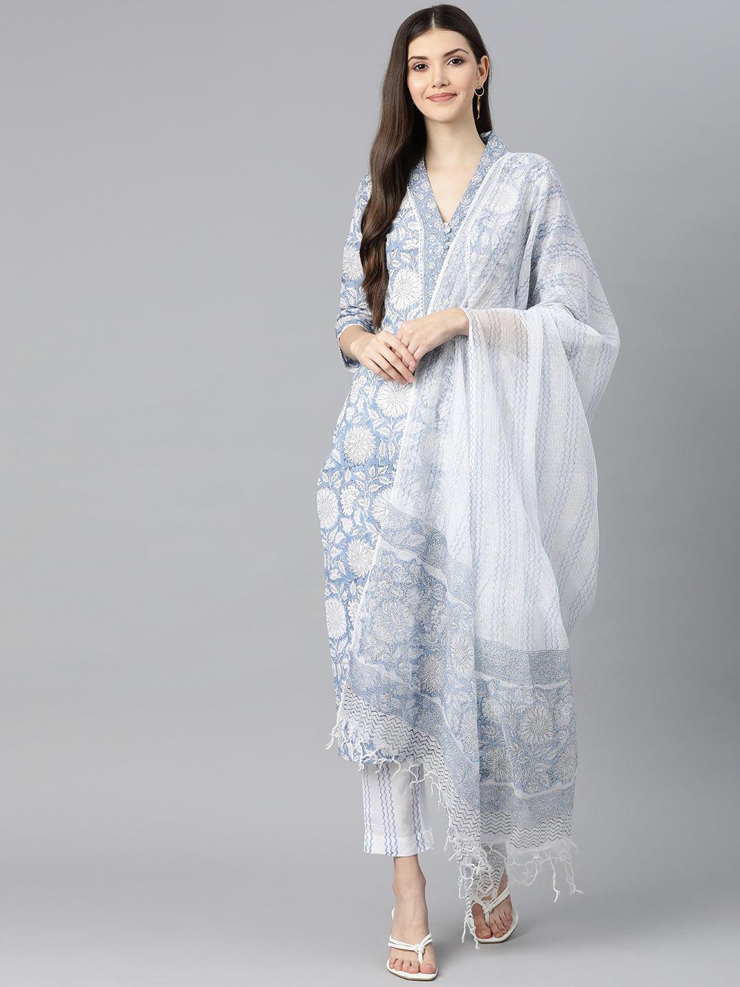  Sky blue Hand Block Printed Straight kurta Pant Set with Dupatta -  world
