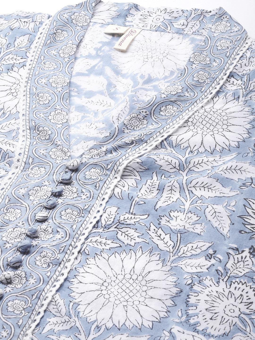  Sky blue Hand Block Printed Straight kurta Pant Set with Dupatta -  world