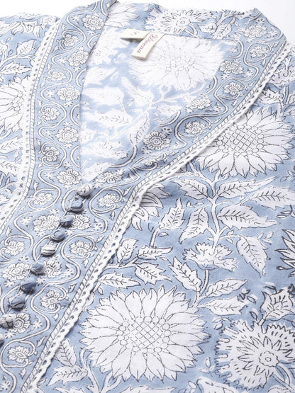  Sky blue Hand Block Printed Straight kurta Pant Set with Dupatta -  world