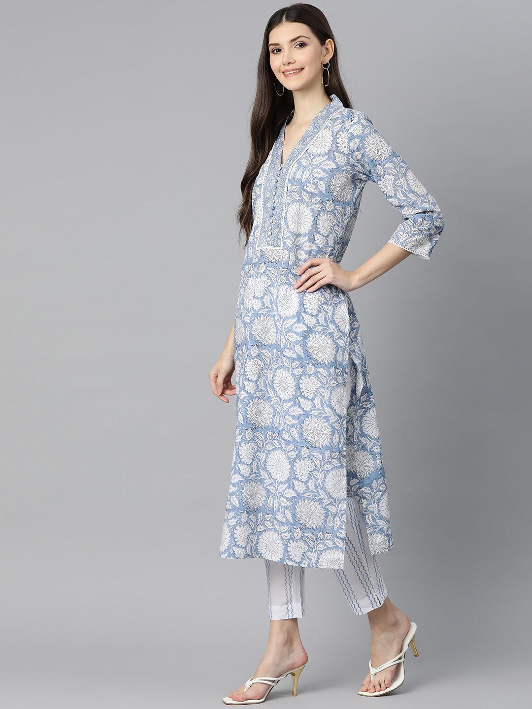  Sky blue Hand Block Printed Straight kurta Pant Set with Dupatta -  world