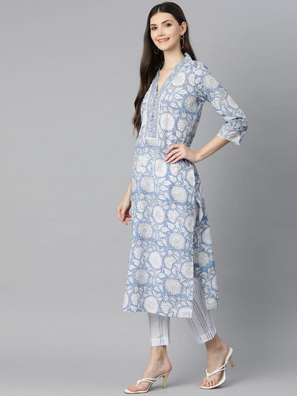  Sky blue Hand Block Printed Straight kurta Pant Set with Dupatta -  world