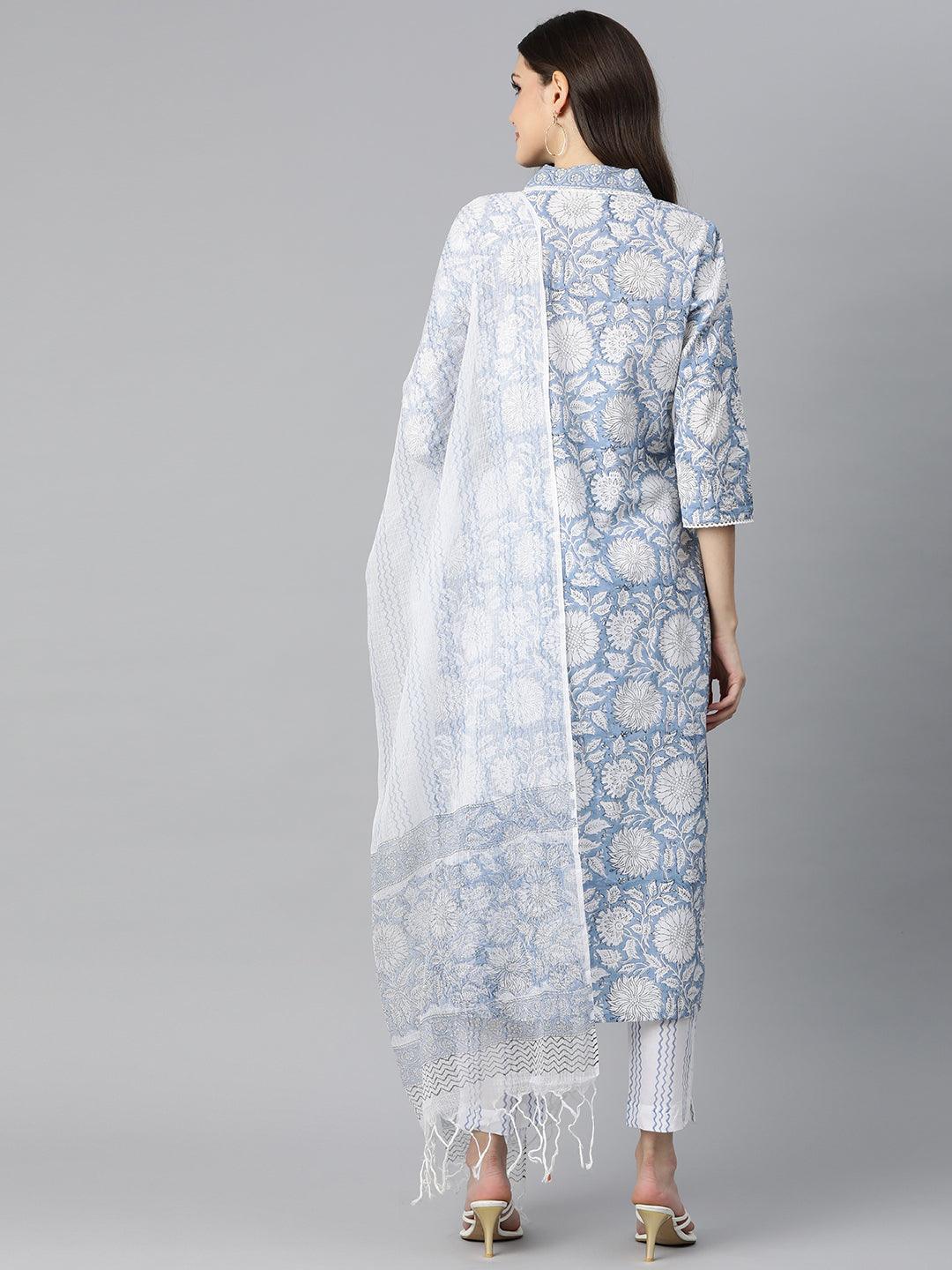  Sky blue Hand Block Printed Straight kurta Pant Set with Dupatta -  world