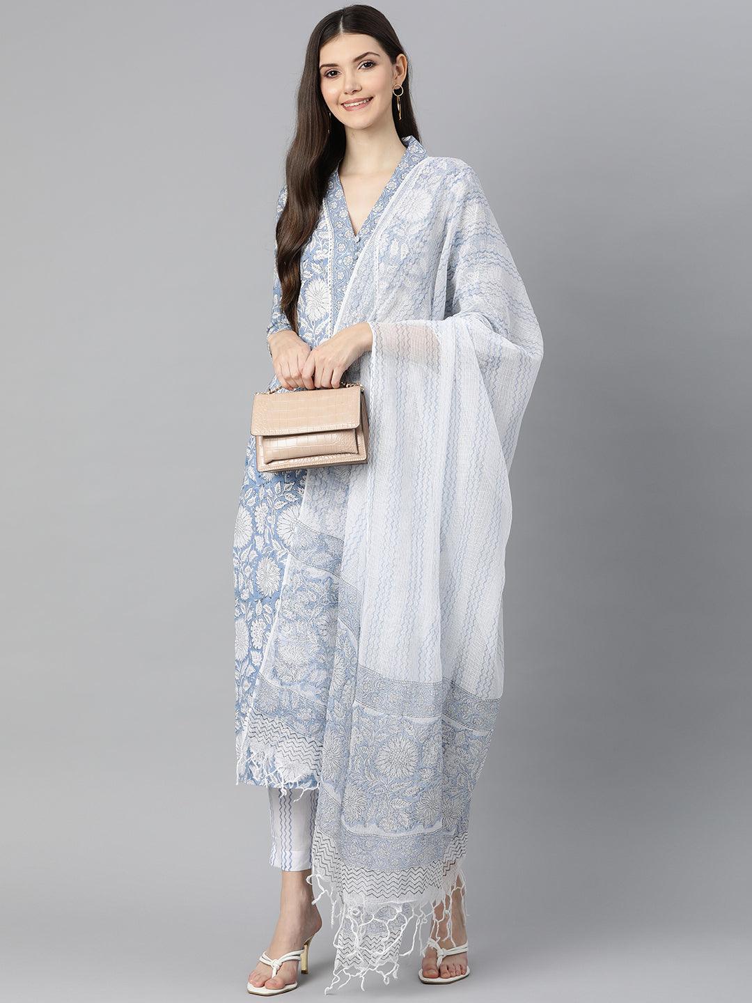  Sky blue Hand Block Printed Straight kurta Pant Set with Dupatta -  world