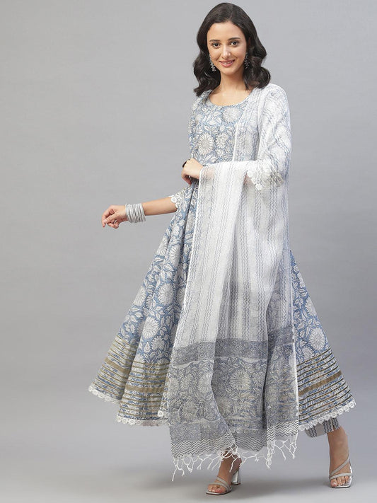  Sky blue Hand Block Printed Anarkali kurta Pant Set with Dupatta -  world