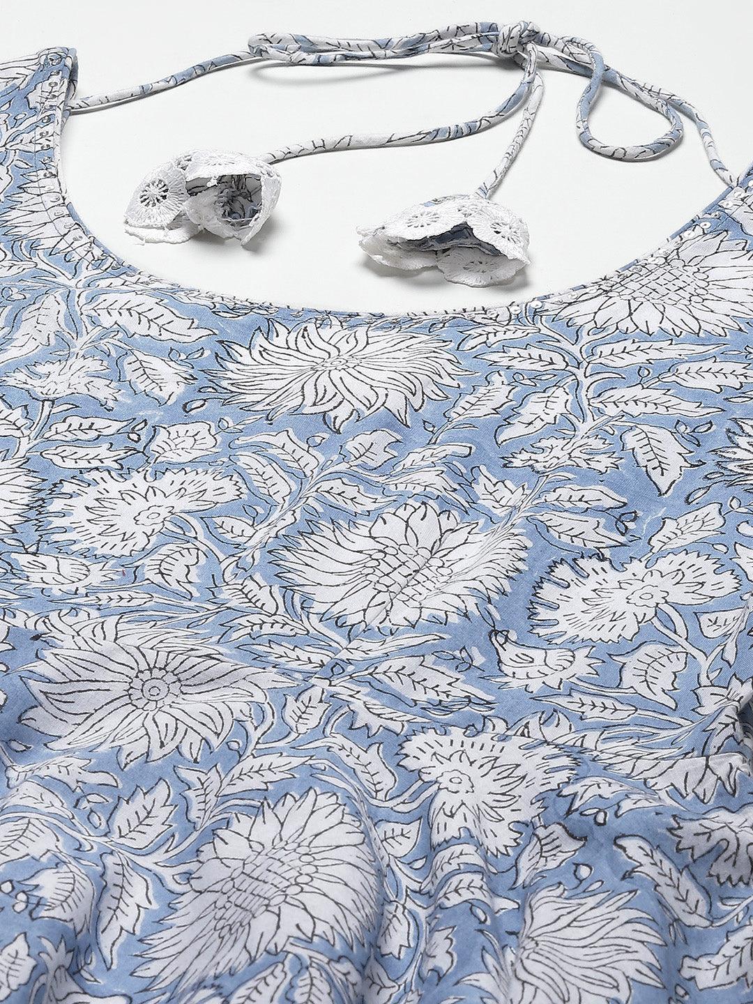  Sky blue Hand Block Printed Anarkali kurta Pant Set with Dupatta -  world