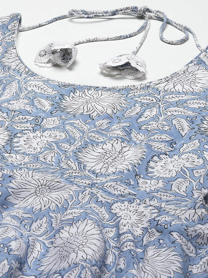  Sky blue Hand Block Printed Anarkali kurta Pant Set with Dupatta -  world