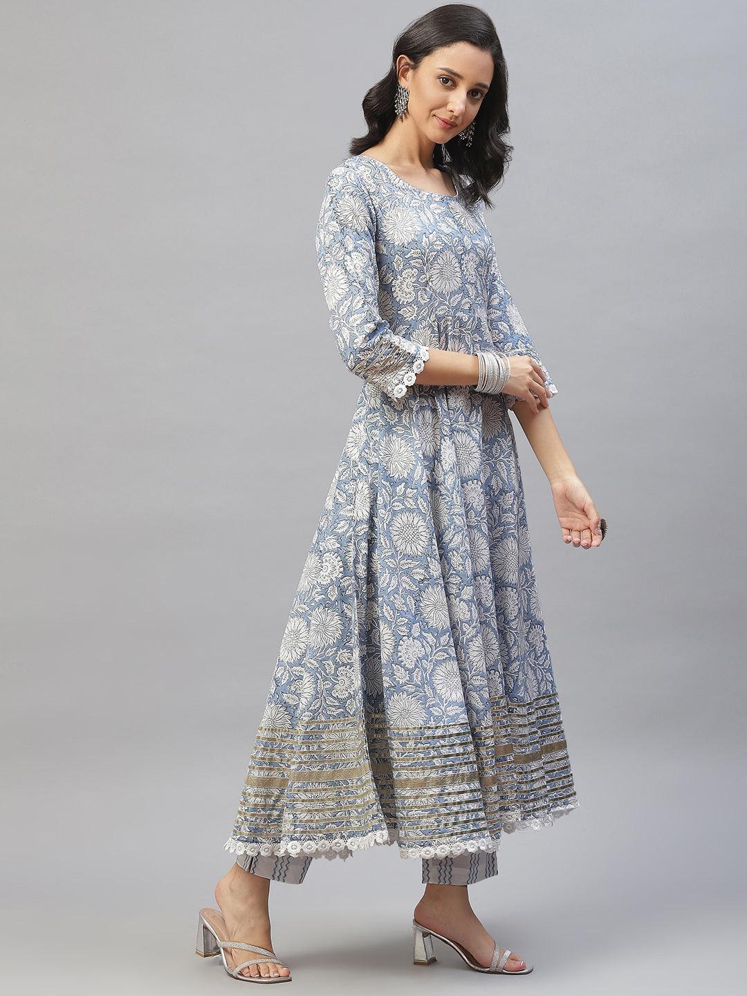  Sky blue Hand Block Printed Anarkali kurta Pant Set with Dupatta -  world