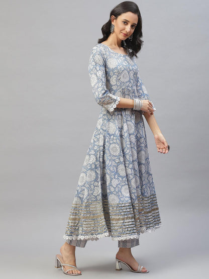  Sky blue Hand Block Printed Anarkali kurta Pant Set with Dupatta -  world