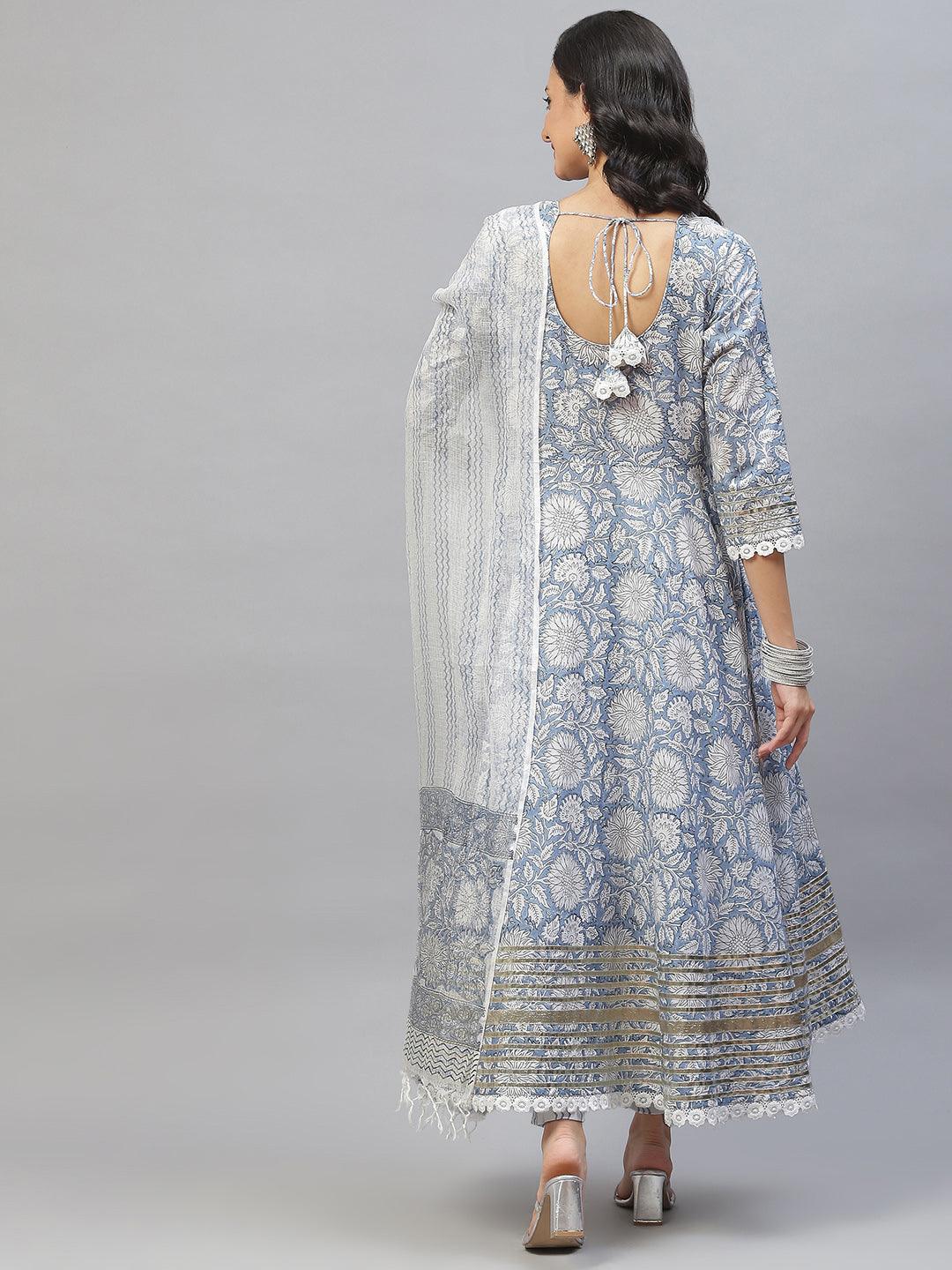  Sky blue Hand Block Printed Anarkali kurta Pant Set with Dupatta -  world