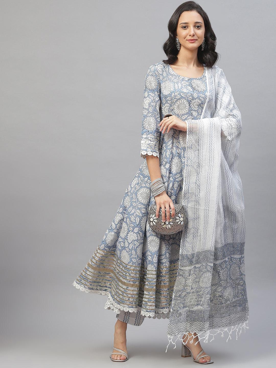  Sky blue Hand Block Printed Anarkali kurta Pant Set with Dupatta -  world