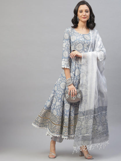  Sky blue Hand Block Printed Anarkali kurta Pant Set with Dupatta -  world