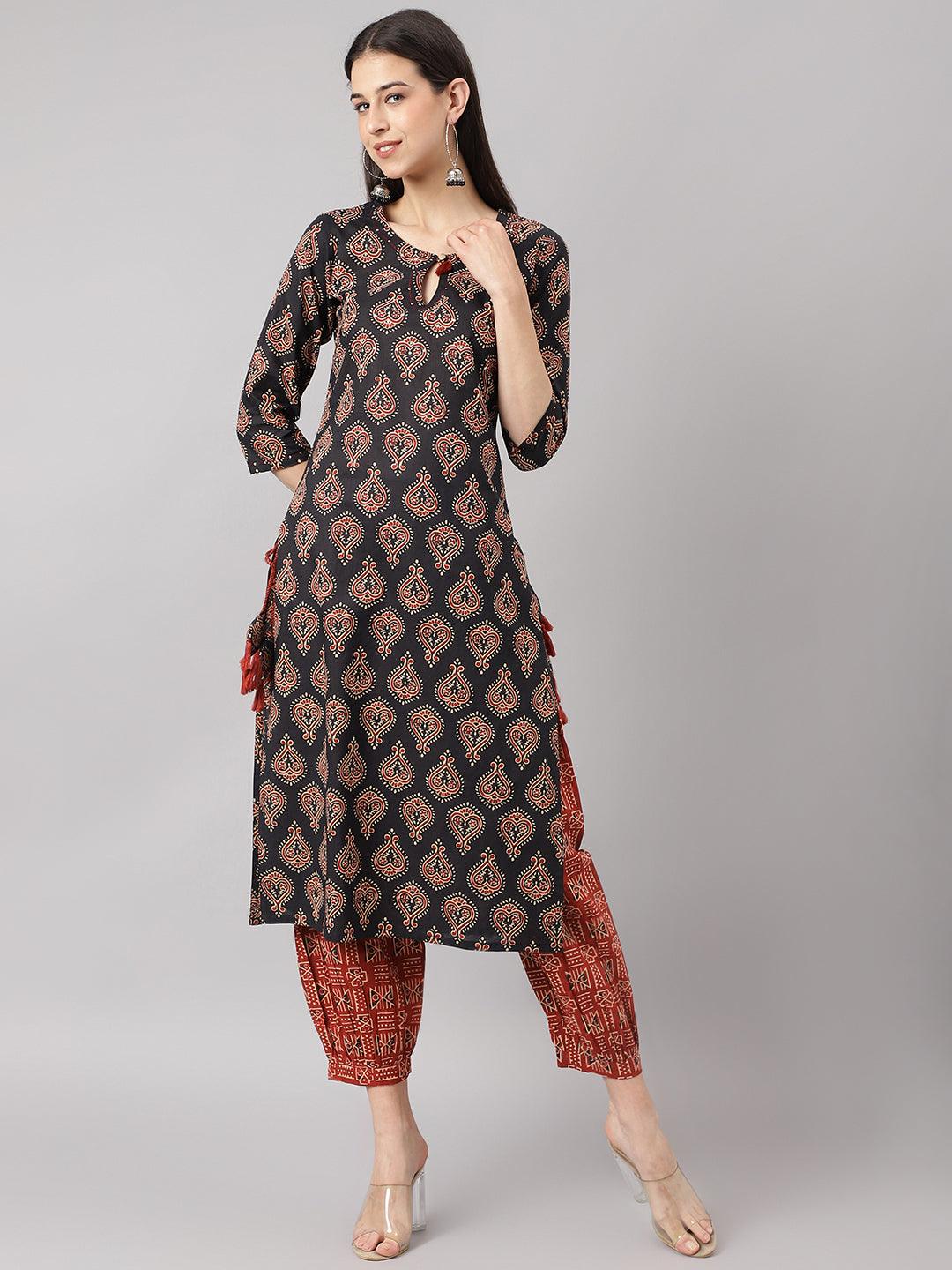  Black and Red Cotton Buti Printed Kurta with hem Cuffed pant set -  world