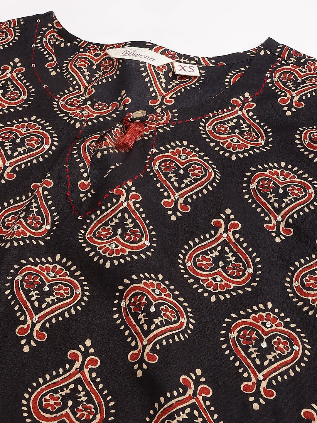  Black and Red Cotton Buti Printed Kurta with hem Cuffed pant set -  world