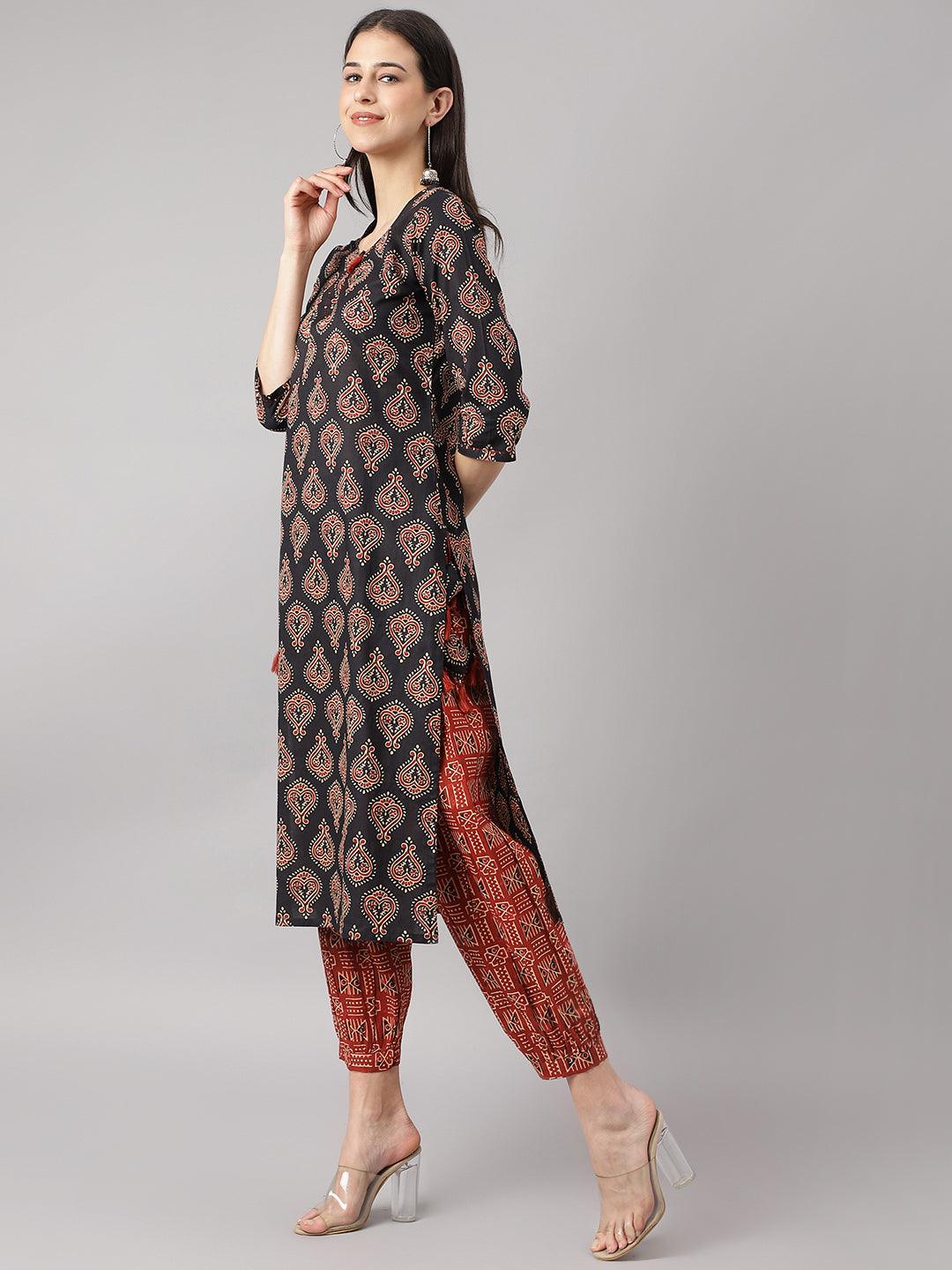  Black and Red Cotton Buti Printed Kurta with hem Cuffed pant set -  world