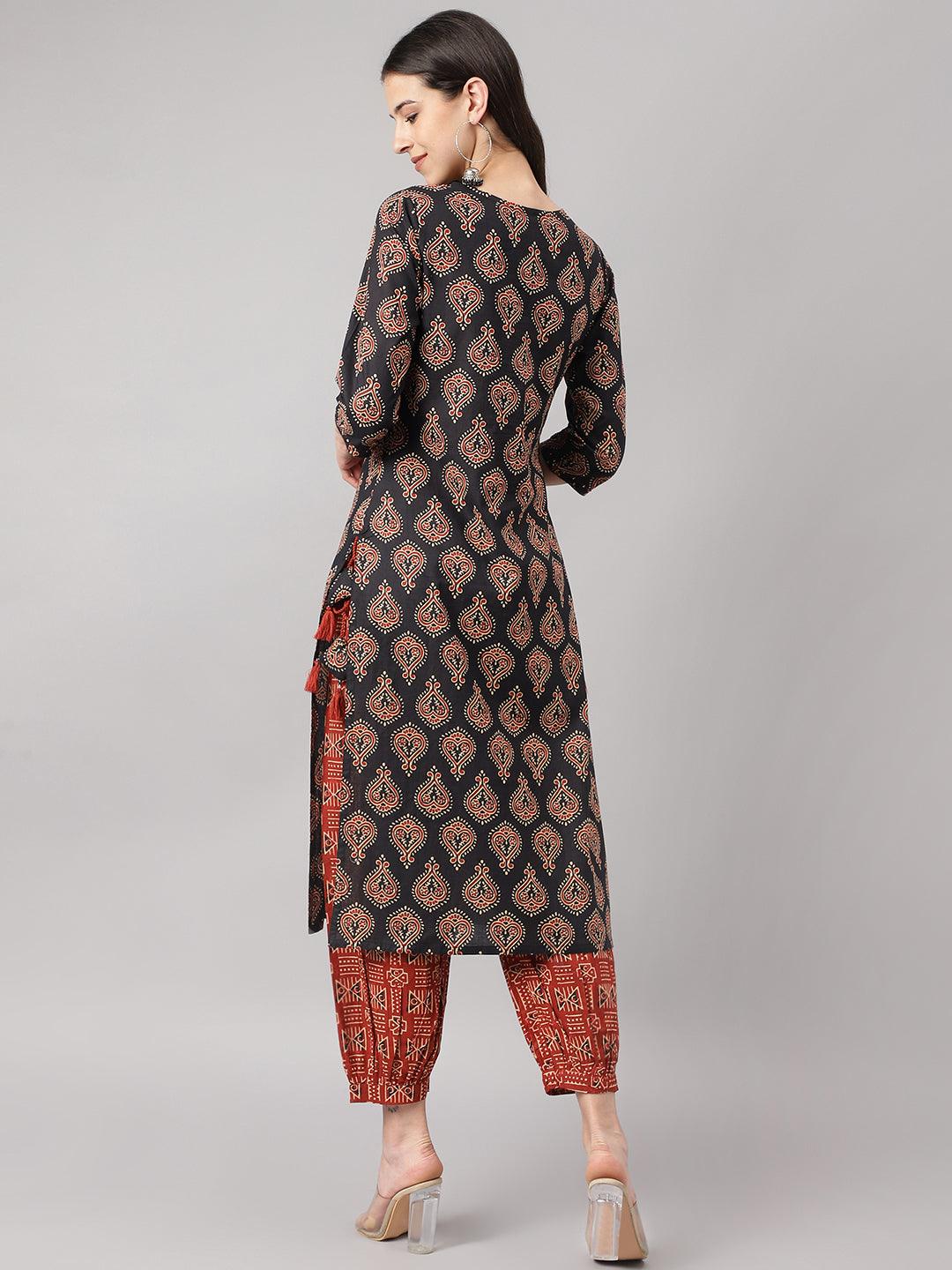  Black and Red Cotton Buti Printed Kurta with hem Cuffed pant set -  world