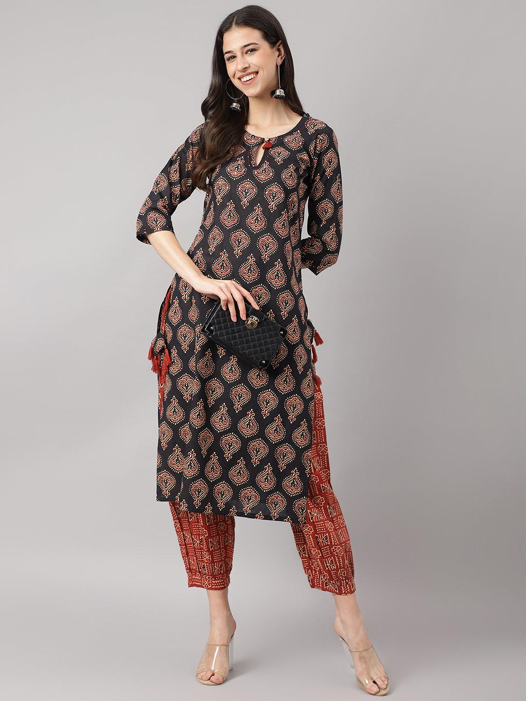  Black and Red Cotton Buti Printed Kurta with hem Cuffed pant set -  world