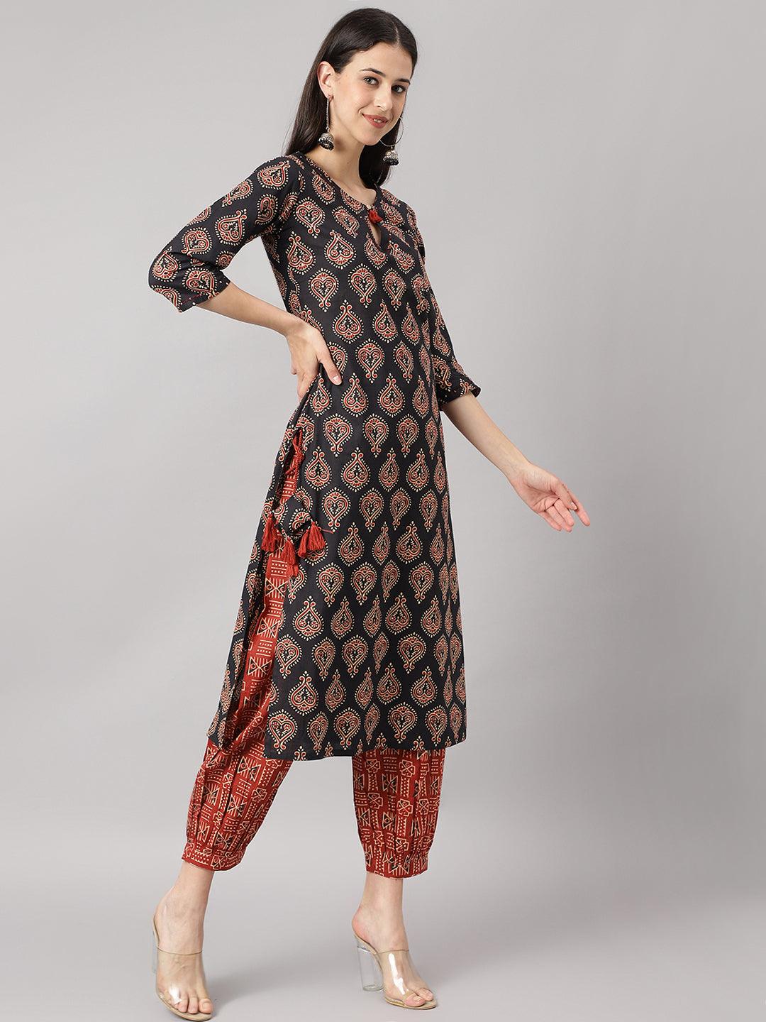  Black and Red Cotton Buti Printed Kurta with hem Cuffed pant set -  world