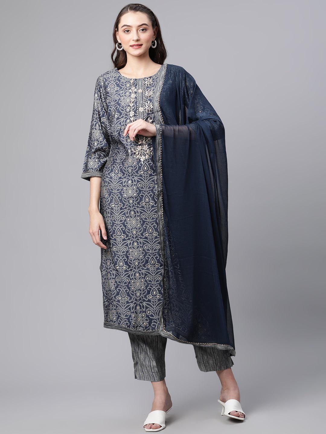  Blue Bandhani Print Chanderi Kurta pant set With Dupatta - world.com