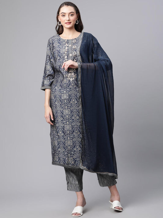  Blue Bandhani Print Chanderi Kurta pant set With Dupatta - world.com