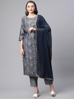 Blue Bandhani Print Chanderi Kurta pant set With Dupatta