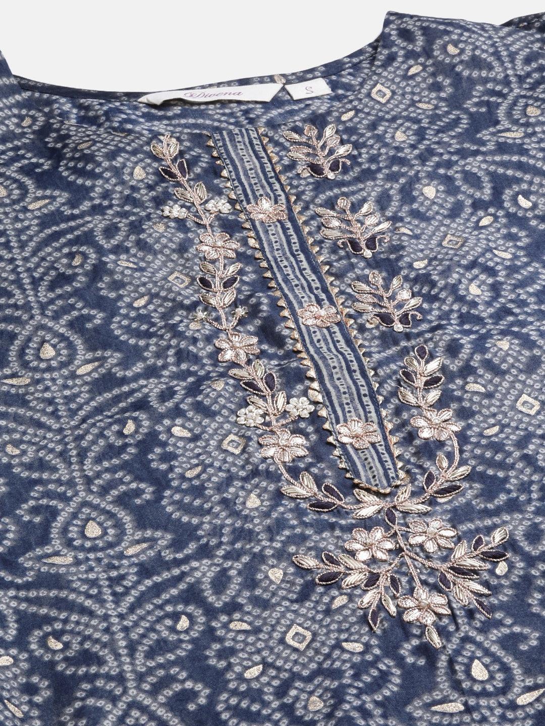  Blue Bandhani Print Chanderi Kurta pant set With Dupatta - world.com