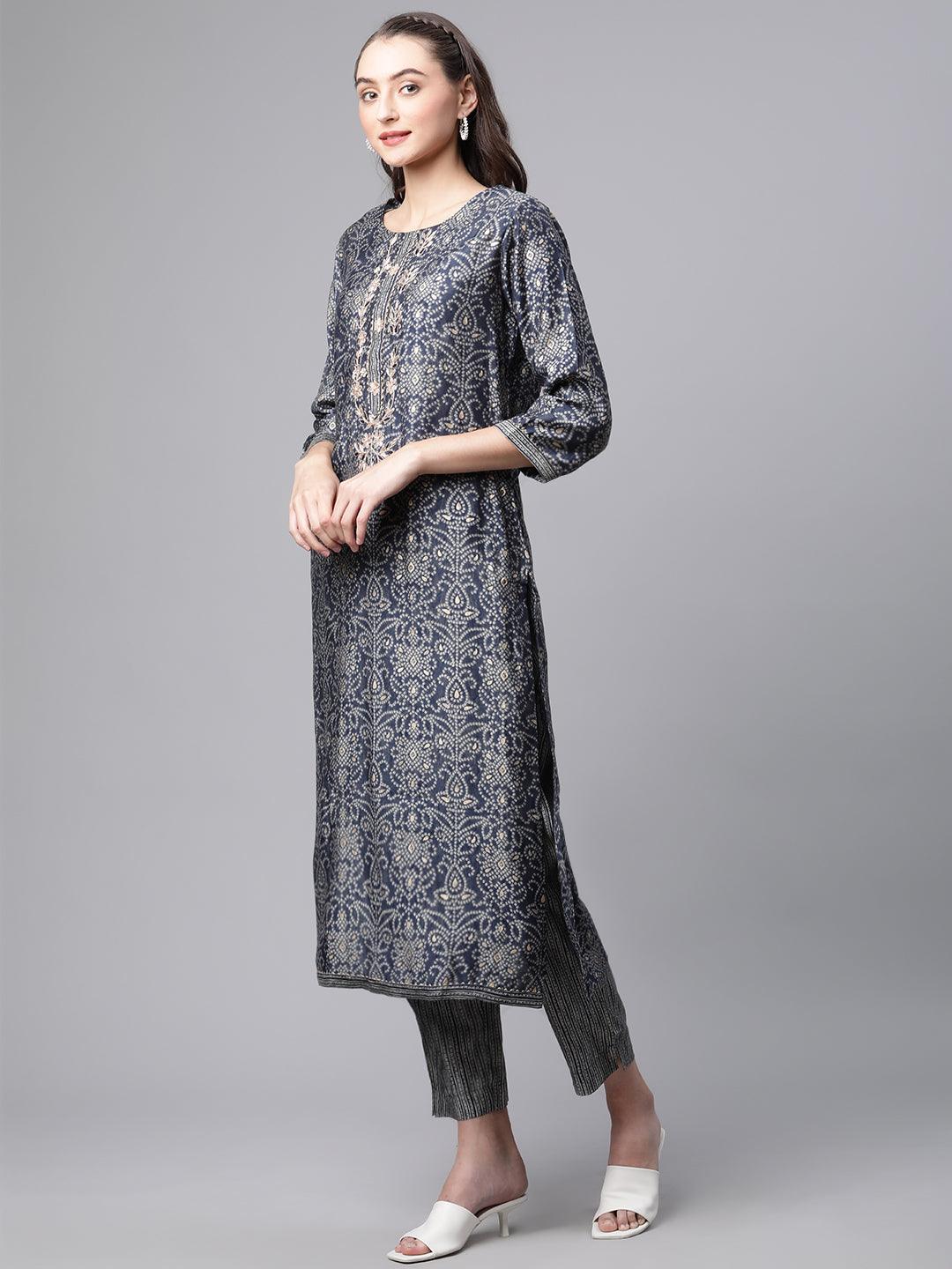  Blue Bandhani Print Chanderi Kurta pant set With Dupatta - world.com