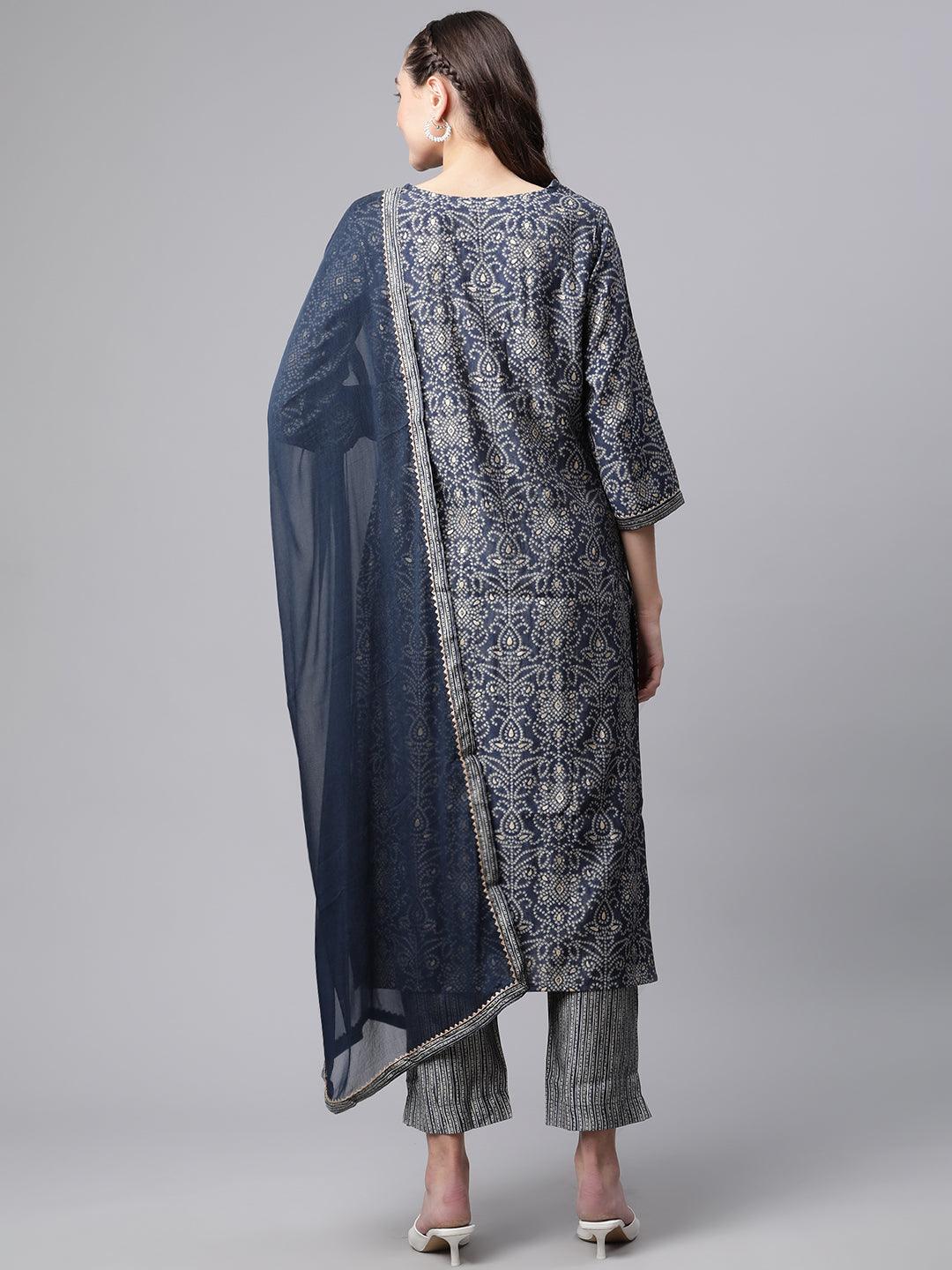  Blue Bandhani Print Chanderi Kurta pant set With Dupatta - world.com