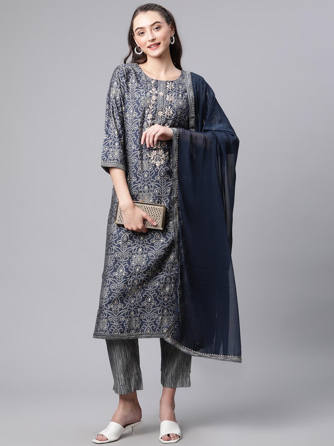  Blue Bandhani Print Chanderi Kurta pant set With Dupatta - world.com