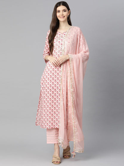  Pink Cotton Straight Kurta Pant Set With Dupatta -  world