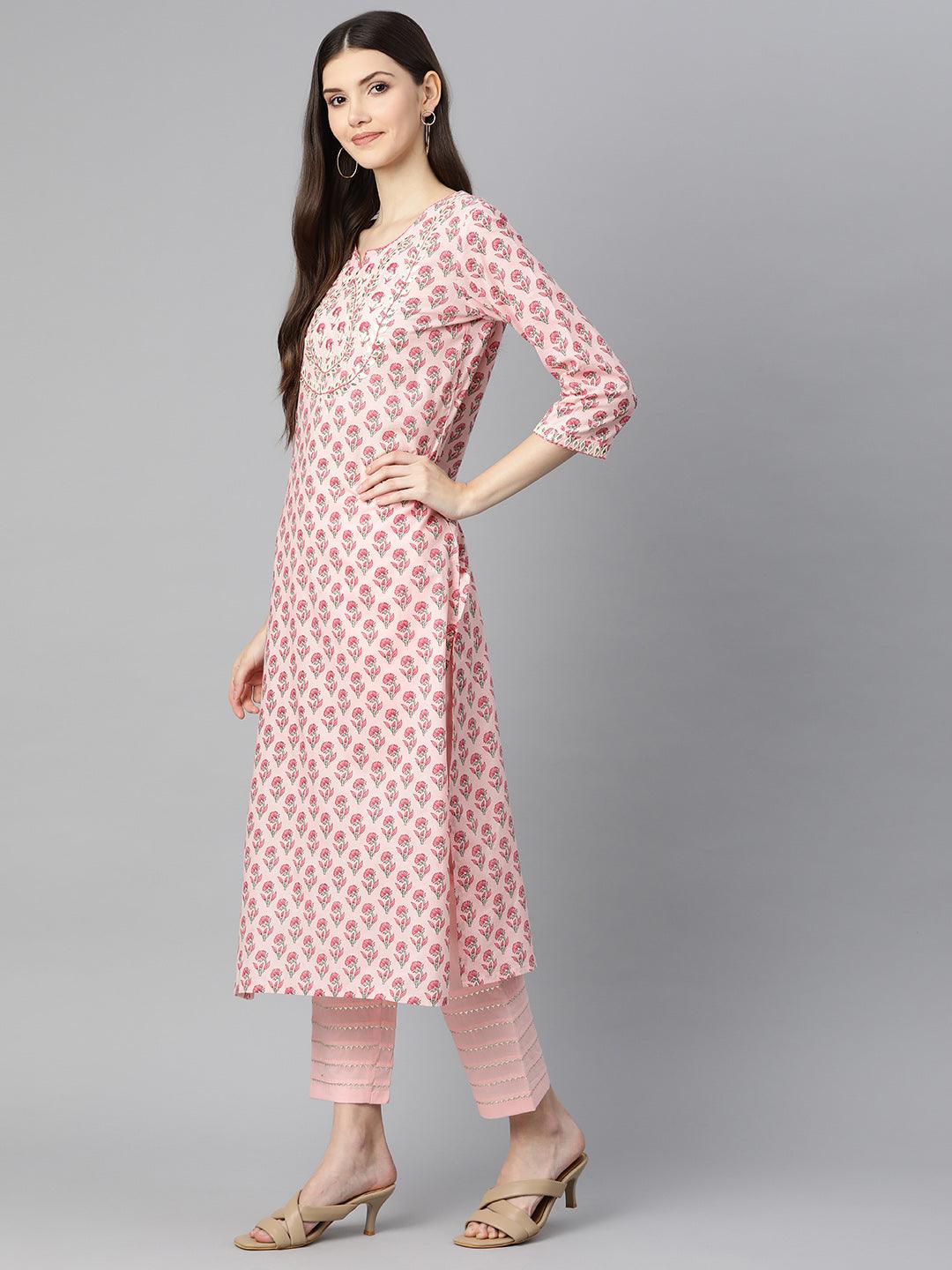  Pink Cotton Straight Kurta Pant Set With Dupatta -  world