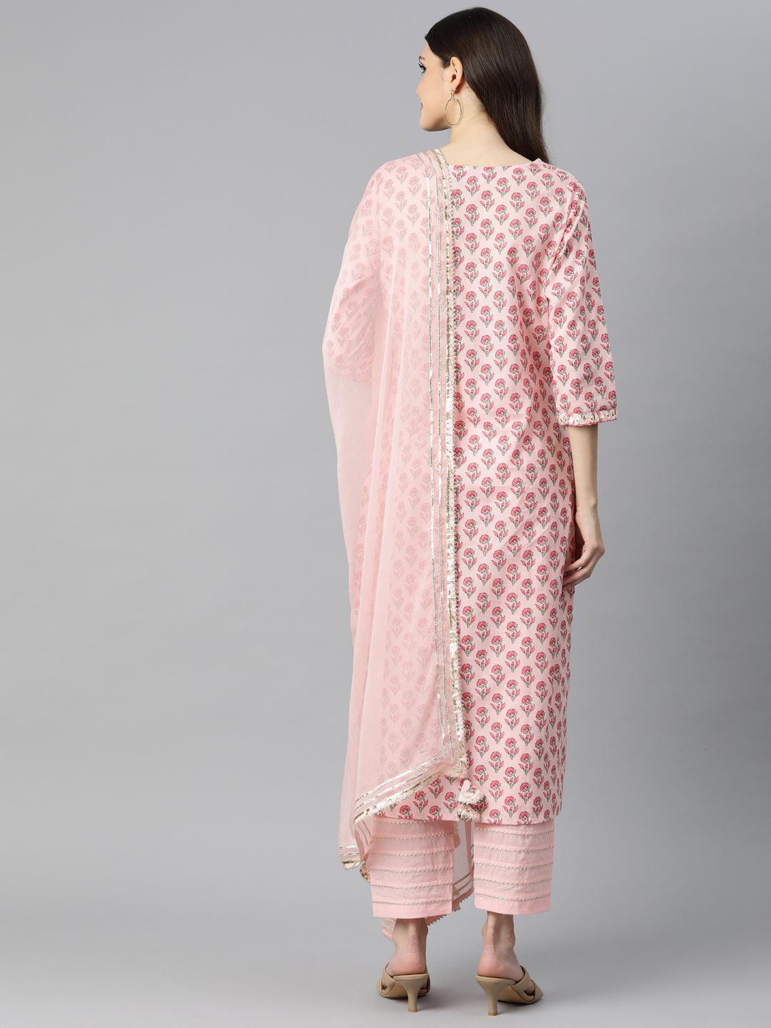  Pink Cotton Straight Kurta Pant Set With Dupatta -  world