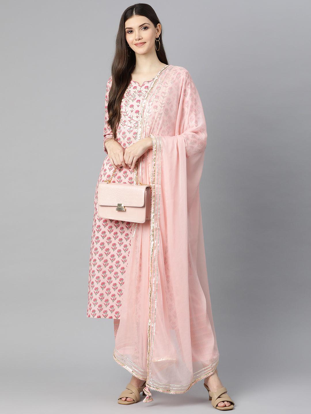  Pink Cotton Straight Kurta Pant Set With Dupatta -  world