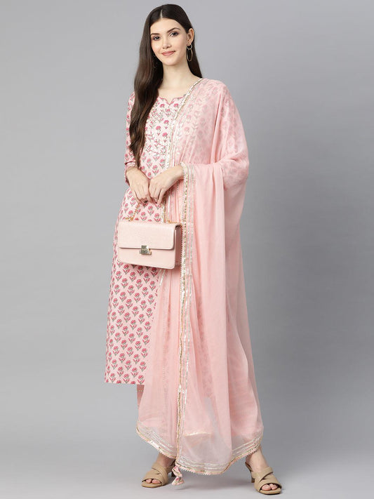  Pink Cotton Straight Kurta Pant Set With Dupatta -  world