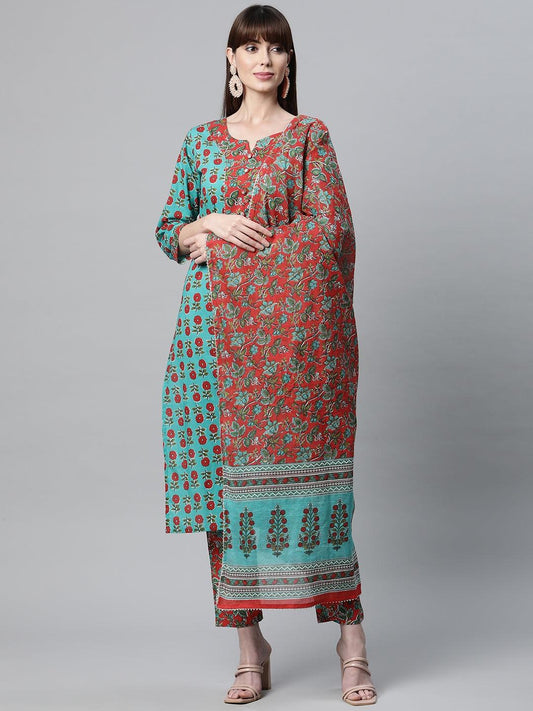  Rama Green Cotton Straight Kurta Pant Set with Dupatta -  world