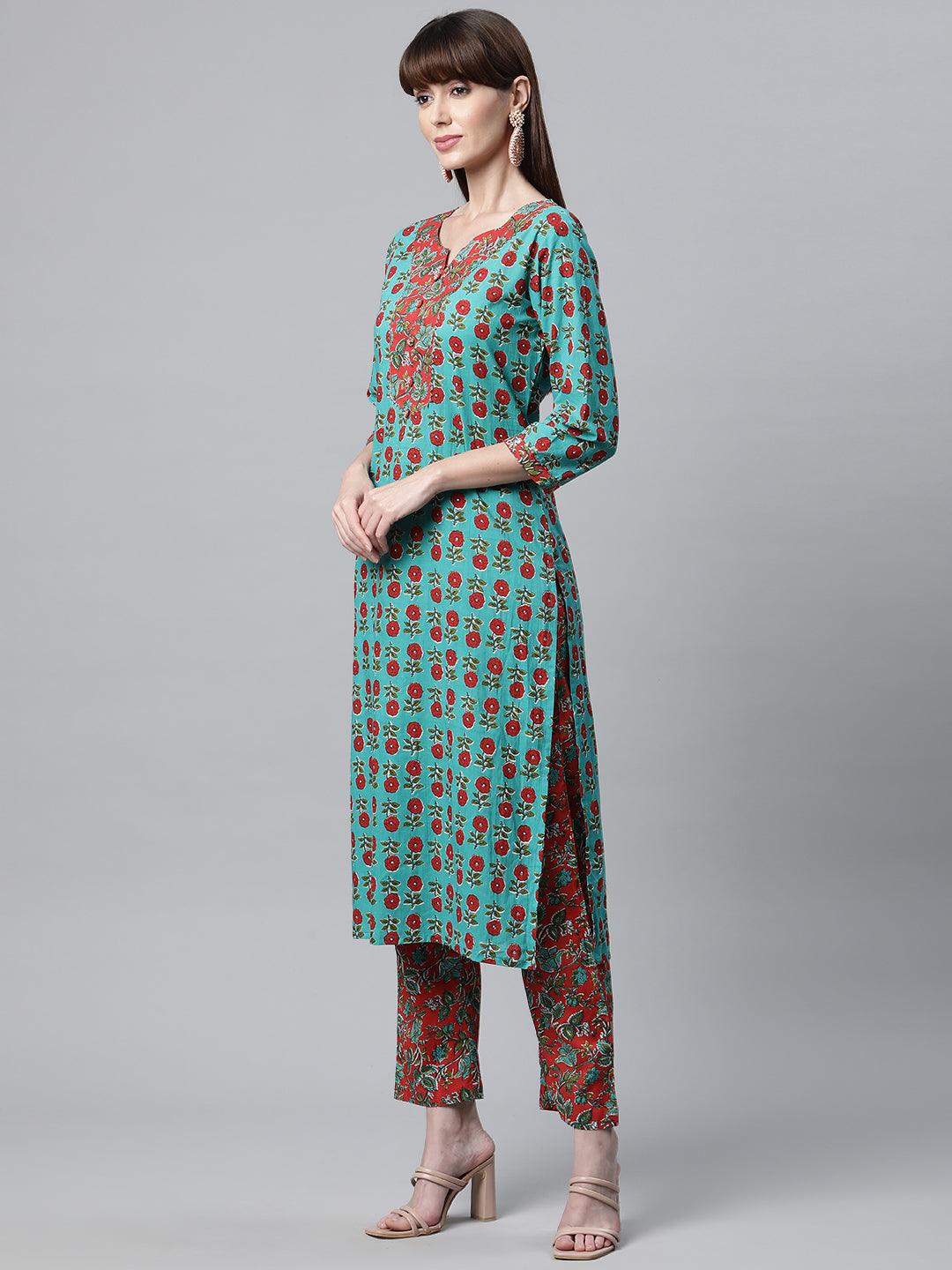  Rama Green Cotton Straight Kurta Pant Set with Dupatta -  world