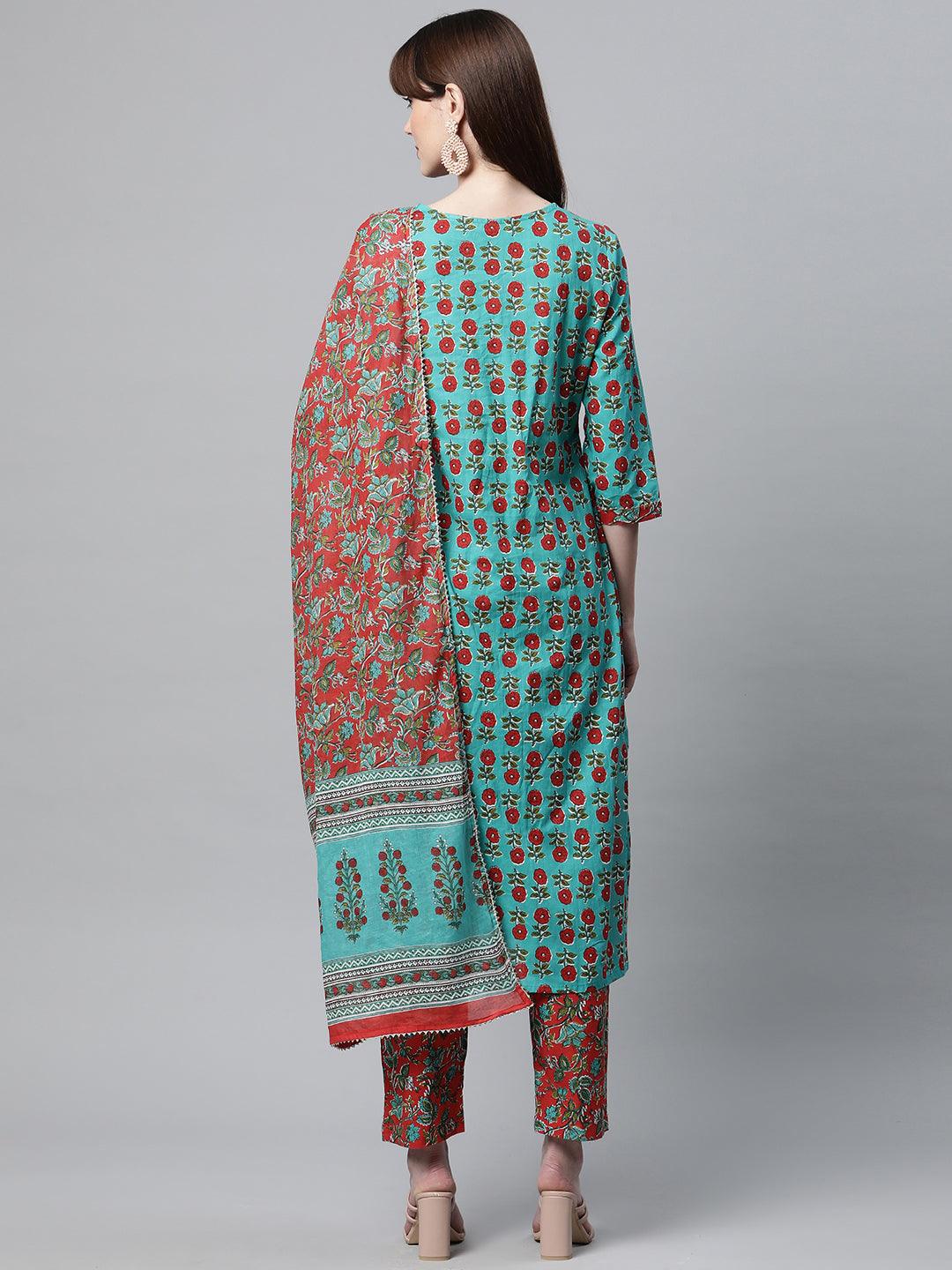  Rama Green Cotton Straight Kurta Pant Set with Dupatta -  world