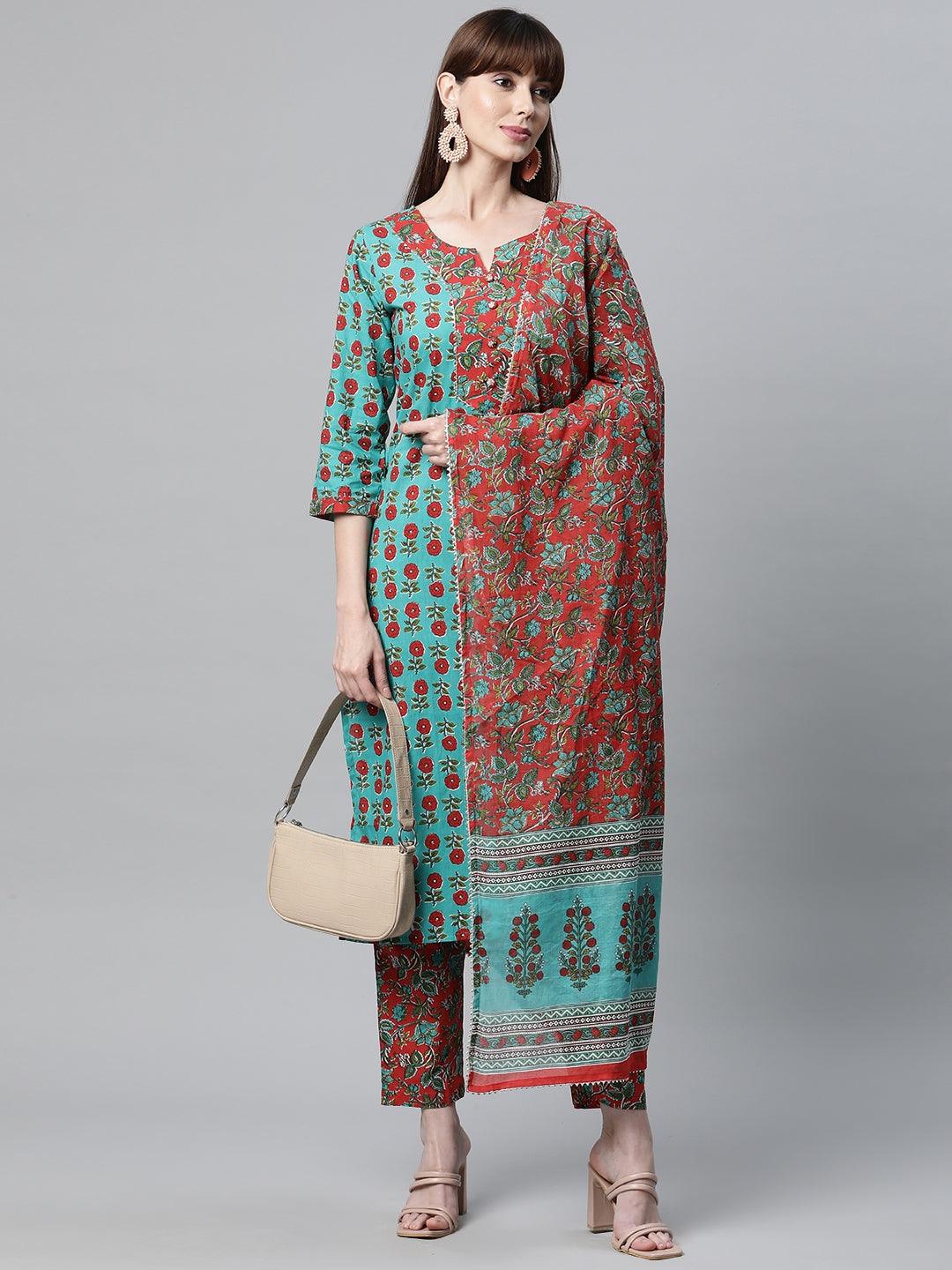  Rama Green Cotton Straight Kurta Pant Set with Dupatta -  world