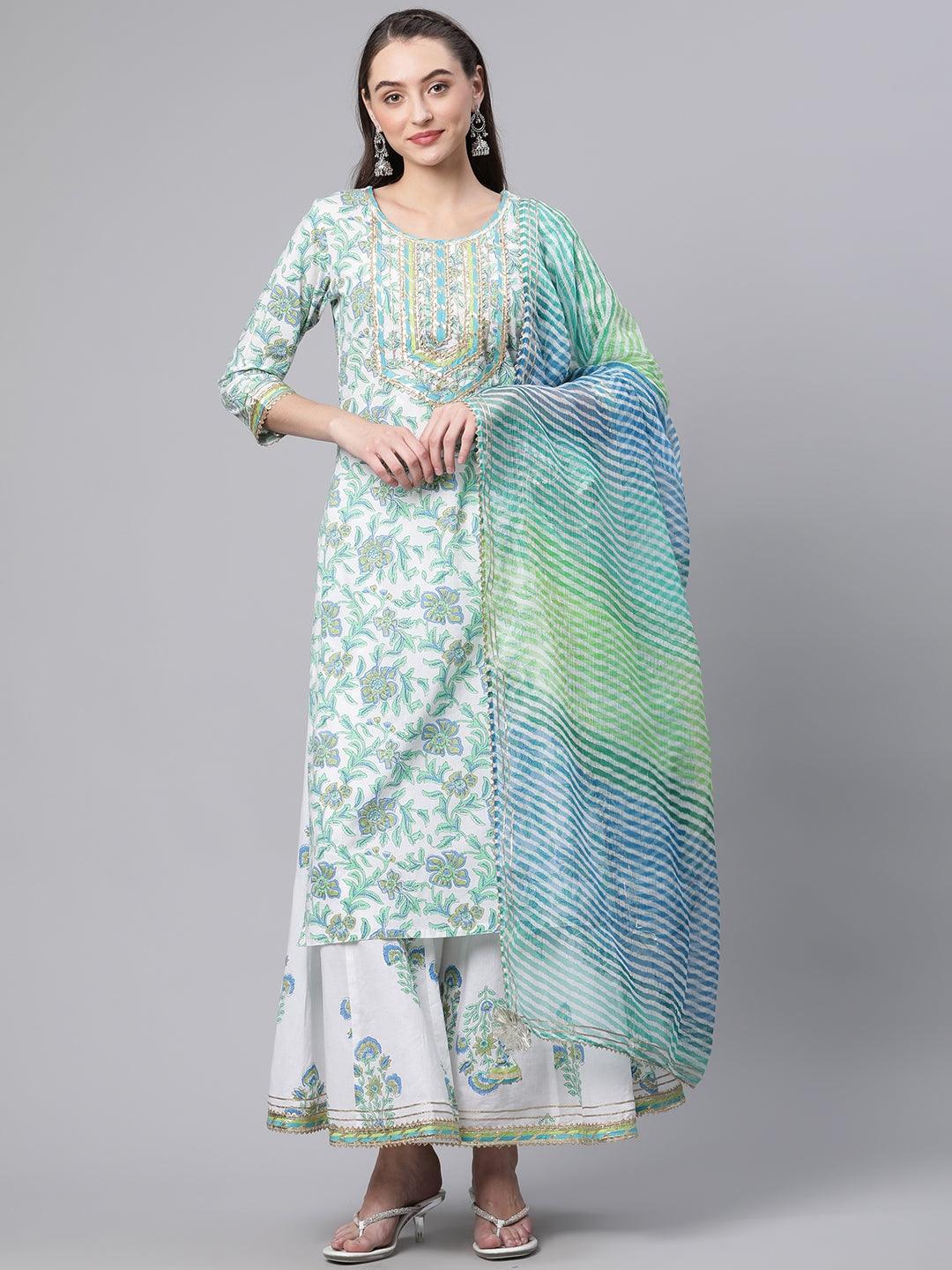  White Floral Printed Kurta Palazzo set with Dupatta - world.com