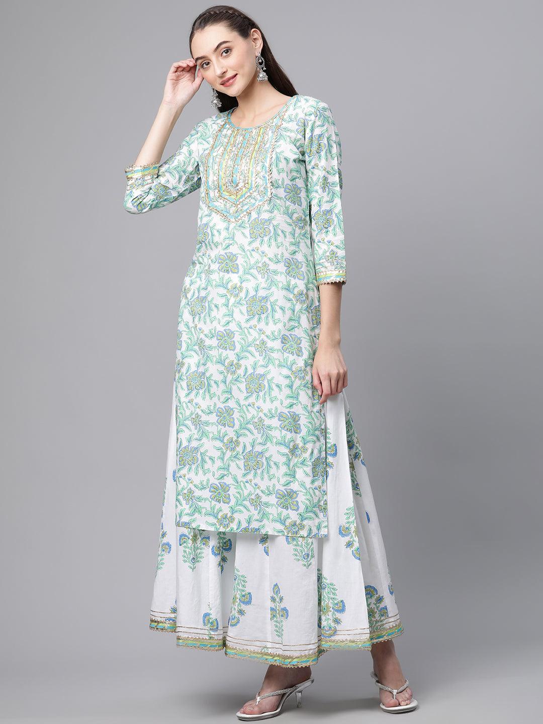  White Floral Printed Kurta Palazzo set with Dupatta - world.com